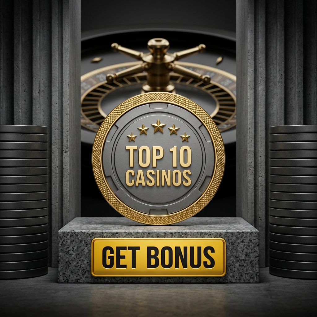 Ornate gold medallion reading Top 10 Casinos above a Get Bonus pedestal, framed by chip stacks and a roulette wheel